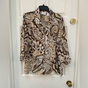 Alfred Dunner Abstract Brown + Cream Button Down Sheer Blouse w Ruffle Cuffs -18